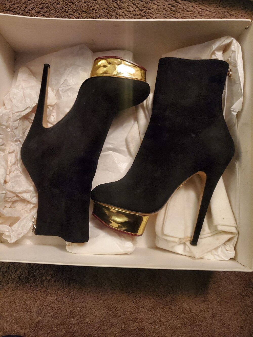 Charlotte Olympia Black Suede Ankle Booties with Gold Platform